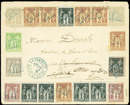 Cachets PP bleus sur 16 timbres au type Sage (qq déf.)