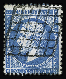 N°22 20c bleu, obl grille, TB