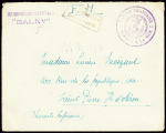Lettre en franchise avec au recto griffe violette "canonnière fluviale Balny" et au verso griffe violette "Forces navales en Extrême-Orient Flotille du Yang-Tsi-Kiang Canonnière fluviale Balny" (1936). Rare et TB