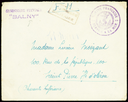 Lettre en franchise avec au recto griffe violette "canonnière fluviale Balny" et au verso griffe violette "Forces navales en Extrême-Orient Flotille du Yang-Tsi-Kiang Canonnière fluviale Balny" (1936). Rare et TB