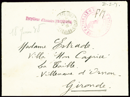 Lettre en franchise avec CAD "Port-Vendres Pyrénées Orles" (1938) + griffe rouge "Torpilleur d'escadre frondeur" et mention manuscrite "DSM" (dispositif spécial en Méditérranée guerre d'Espagne). TB