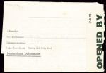 Formulaire "Kriegsgefangenenpost" avec mention imprimée et griffe encadrée violette "Marlag U. Milag nord 13 gerruft" (1942 - marin anglais prisonnier des Allemands). Rare