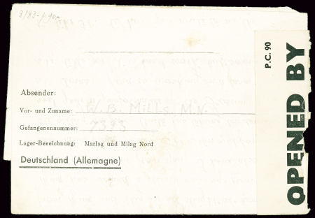 Formulaire "Kriegsgefangenenpost" avec mention imprimée et griffe encadrée violette "Marlag U. Milag nord 13 gerruft" (1942 - marin anglais prisonnier des Allemands). Rare