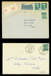 2 lettres : FM 11, vert, OBL hex "Mimizan marine Landes" (1947) et FM 11 + 713 en paire + 760 OBL hex "porte-avions Colossus" (1947) sur LR. TB
