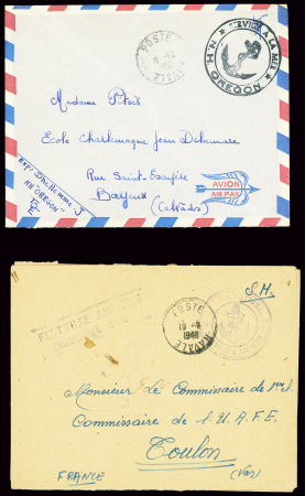 15 plis de la marine française pendant la guerre d'Indochine dont cachet noir avec ancre "service à la mer NH Oregon" (1952 - navire hopital) et CAD "poste navale bureau n°91 (1952 - Saïgon) sur avis de réception. TB