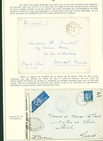 Collection de 145 plis "Le courrier des marins français pendant la seconde guerre mondiale". On note CPFM avec cachet "Censored DE Sénégalais french navy" (nov 44), nombreuses agences embarquées dont cuirassé l'Océan, cr