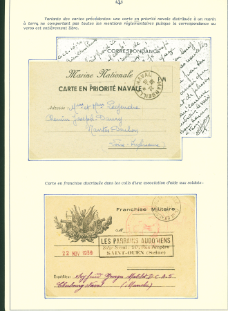 Collection de 145 plis "Le courrier des marins français pendant la seconde guerre mondiale". On note CPFM avec cachet "Censored DE Sénégalais french navy" (nov 44), nombreuses agences embarquées dont cuirassé l'Océan, cr