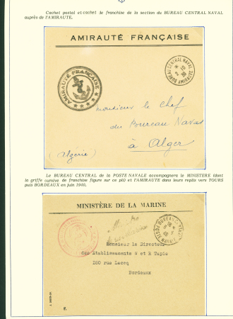 Collection de 145 plis "Le courrier des marins français pendant la seconde guerre mondiale". On note CPFM avec cachet "Censored DE Sénégalais french navy" (nov 44), nombreuses agences embarquées dont cuirassé l'Océan, cr