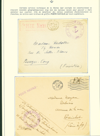 Collection de 145 plis "Le courrier des marins français pendant la seconde guerre mondiale". On note CPFM avec cachet "Censored DE Sénégalais french navy" (nov 44), nombreuses agences embarquées dont cuirassé l'Océan, cr