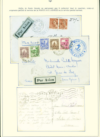Collection de 145 plis "Le courrier des marins français pendant la seconde guerre mondiale". On note CPFM avec cachet "Censored DE Sénégalais french navy" (nov 44), nombreuses agences embarquées dont cuirassé l'Océan, cr