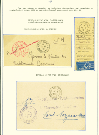 Collection de 145 plis "Le courrier des marins français pendant la seconde guerre mondiale". On note CPFM avec cachet "Censored DE Sénégalais french navy" (nov 44), nombreuses agences embarquées dont cuirassé l'Océan, cr