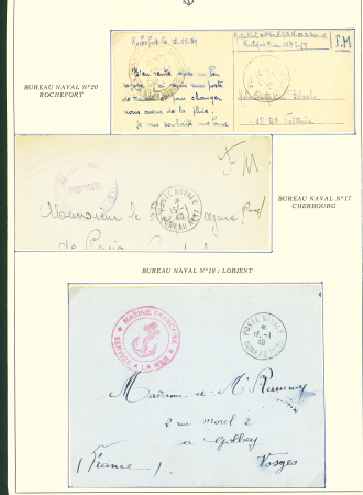 Collection de 145 plis "Le courrier des marins français pendant la seconde guerre mondiale". On note CPFM avec cachet "Censored DE Sénégalais french navy" (nov 44), nombreuses agences embarquées dont cuirassé l'Océan, cr