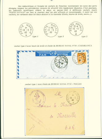 Collection de 145 plis "Le courrier des marins français pendant la seconde guerre mondiale". On note CPFM avec cachet "Censored DE Sénégalais french navy" (nov 44), nombreuses agences embarquées dont cuirassé l'Océan, cr