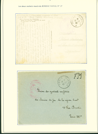 Collection de 145 plis "Le courrier des marins français pendant la seconde guerre mondiale". On note CPFM avec cachet "Censored DE Sénégalais french navy" (nov 44), nombreuses agences embarquées dont cuirassé l'Océan, cr