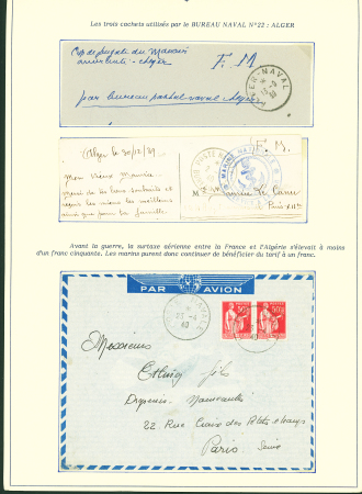 Collection de 145 plis "Le courrier des marins français pendant la seconde guerre mondiale". On note CPFM avec cachet "Censored DE Sénégalais french navy" (nov 44), nombreuses agences embarquées dont cuirassé l'Océan, cr