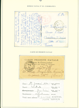 Collection de 145 plis "Le courrier des marins français pendant la seconde guerre mondiale". On note CPFM avec cachet "Censored DE Sénégalais french navy" (nov 44), nombreuses agences embarquées dont cuirassé l'Océan, cr