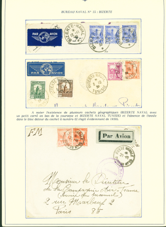 Collection de 145 plis "Le courrier des marins français pendant la seconde guerre mondiale". On note CPFM avec cachet "Censored DE Sénégalais french navy" (nov 44), nombreuses agences embarquées dont cuirassé l'Océan, cr