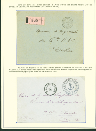 Collection de 145 plis "Le courrier des marins français pendant la seconde guerre mondiale". On note CPFM avec cachet "Censored DE Sénégalais french navy" (nov 44), nombreuses agences embarquées dont cuirassé l'Océan, cr