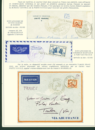 Collection de 145 plis "Le courrier des marins français pendant la seconde guerre mondiale". On note CPFM avec cachet "Censored DE Sénégalais french navy" (nov 44), nombreuses agences embarquées dont cuirassé l'Océan, cr