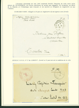 Collection de 145 plis "Le courrier des marins français pendant la seconde guerre mondiale". On note CPFM avec cachet "Censored DE Sénégalais french navy" (nov 44), nombreuses agences embarquées dont cuirassé l'Océan, cr