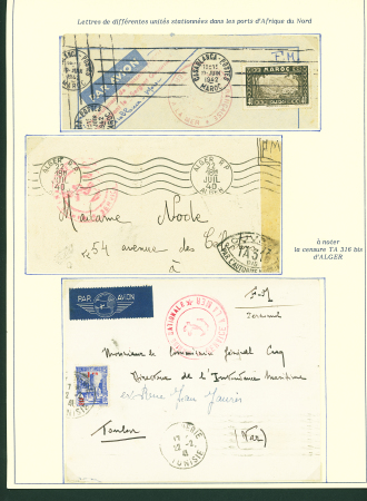 Collection de 145 plis "Le courrier des marins français pendant la seconde guerre mondiale". On note CPFM avec cachet "Censored DE Sénégalais french navy" (nov 44), nombreuses agences embarquées dont cuirassé l'Océan, cr