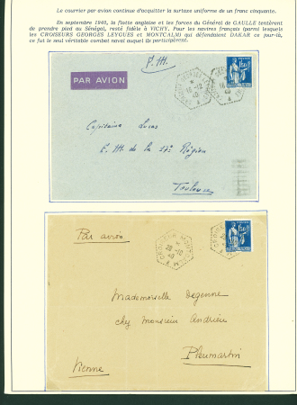 Collection de 145 plis "Le courrier des marins français pendant la seconde guerre mondiale". On note CPFM avec cachet "Censored DE Sénégalais french navy" (nov 44), nombreuses agences embarquées dont cuirassé l'Océan, cr