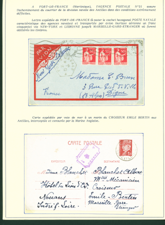 Collection de 145 plis "Le courrier des marins français pendant la seconde guerre mondiale". On note CPFM avec cachet "Censored DE Sénégalais french navy" (nov 44), nombreuses agences embarquées dont cuirassé l'Océan, cr