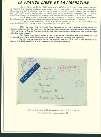 Collection de 145 plis "Le courrier des marins français pendant la seconde guerre mondiale". On note CPFM avec cachet "Censored DE Sénégalais french navy" (nov 44), nombreuses agences embarquées dont cuirassé l'Océan, cr