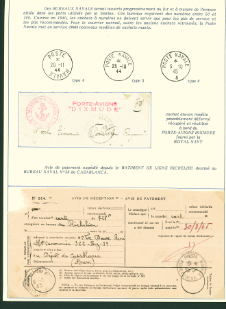 Collection de 145 plis "Le courrier des marins français pendant la seconde guerre mondiale". On note CPFM avec cachet "Censored DE Sénégalais french navy" (nov 44), nombreuses agences embarquées dont cuirassé l'Océan, cr
