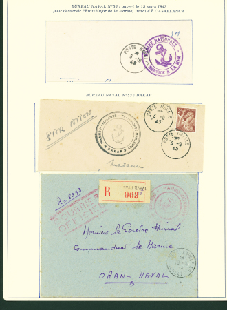 Collection de 145 plis "Le courrier des marins français pendant la seconde guerre mondiale". On note CPFM avec cachet "Censored DE Sénégalais french navy" (nov 44), nombreuses agences embarquées dont cuirassé l'Océan, cr