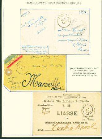 Collection de 145 plis "Le courrier des marins français pendant la seconde guerre mondiale". On note CPFM avec cachet "Censored DE Sénégalais french navy" (nov 44), nombreuses agences embarquées dont cuirassé l'Océan, cr