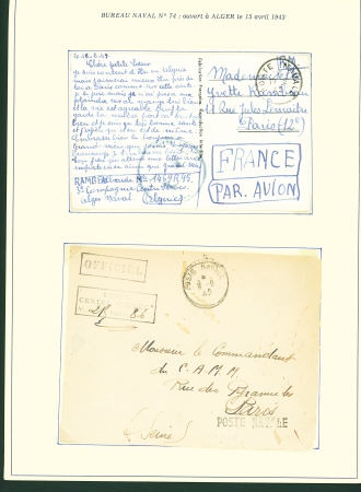 Collection de 145 plis "Le courrier des marins français pendant la seconde guerre mondiale". On note CPFM avec cachet "Censored DE Sénégalais french navy" (nov 44), nombreuses agences embarquées dont cuirassé l'Océan, cr