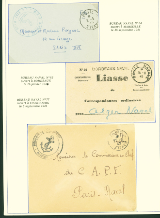 Collection de 145 plis "Le courrier des marins français pendant la seconde guerre mondiale". On note CPFM avec cachet "Censored DE Sénégalais french navy" (nov 44), nombreuses agences embarquées dont cuirassé l'Océan, cr