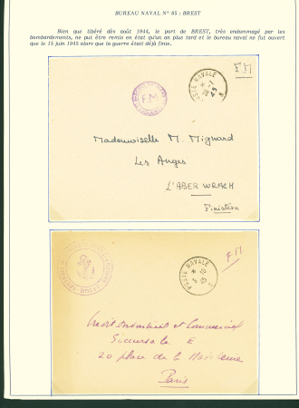 Collection de 145 plis "Le courrier des marins français pendant la seconde guerre mondiale". On note CPFM avec cachet "Censored DE Sénégalais french navy" (nov 44), nombreuses agences embarquées dont cuirassé l'Océan, cr