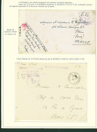 Collection de 145 plis "Le courrier des marins français pendant la seconde guerre mondiale". On note CPFM avec cachet "Censored DE Sénégalais french navy" (nov 44), nombreuses agences embarquées dont cuirassé l'Océan, cr