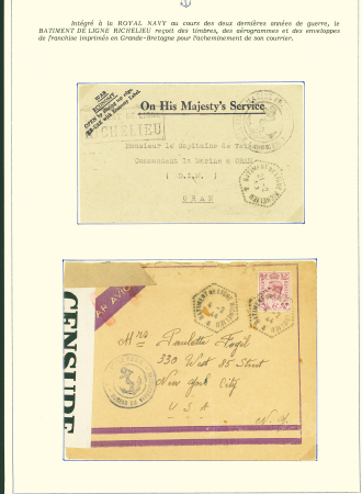 Collection de 145 plis "Le courrier des marins français pendant la seconde guerre mondiale". On note CPFM avec cachet "Censored DE Sénégalais french navy" (nov 44), nombreuses agences embarquées dont cuirassé l'Océan, cr