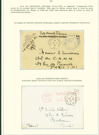 Collection de 145 plis "Le courrier des marins français pendant la seconde guerre mondiale". On note CPFM avec cachet "Censored DE Sénégalais french navy" (nov 44), nombreuses agences embarquées dont cuirassé l'Océan, cr