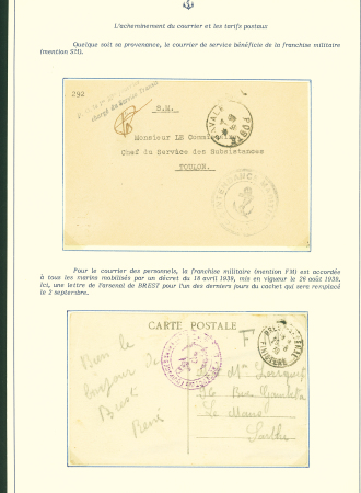 Collection de 145 plis "Le courrier des marins français pendant la seconde guerre mondiale". On note CPFM avec cachet "Censored DE Sénégalais french navy" (nov 44), nombreuses agences embarquées dont cuirassé l'Océan, cr