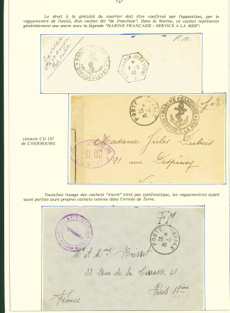 Collection de 145 plis "Le courrier des marins français pendant la seconde guerre mondiale". On note CPFM avec cachet "Censored DE Sénégalais french navy" (nov 44), nombreuses agences embarquées dont cuirassé l'Océan, cr