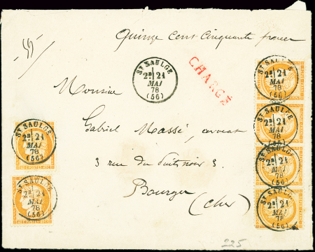 N°38, 40c orange, bande de 4 + 2 pièces OBL CAD T16 St Saulge (1878) sur lettre chargée pour Bourges, pièce très plaisante.