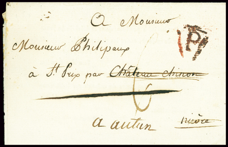 Lettre de 1811 avec au verso MP "Deb 56 Château Chinon ind 20. TB
