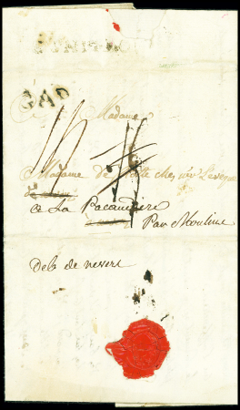 Lettre avec MP "Gap" (1791) pour Nevers réexpédiée à La Pacaudière avec au verso marque manuscrite "Deb de Nevers" (L15), ind 19. TB