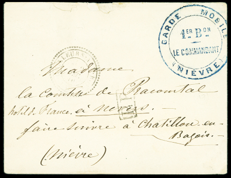 Lettre en franchise avec cachet bleu "garde mobile 1er Bon le commandant (Nièvre)" (1870). TB