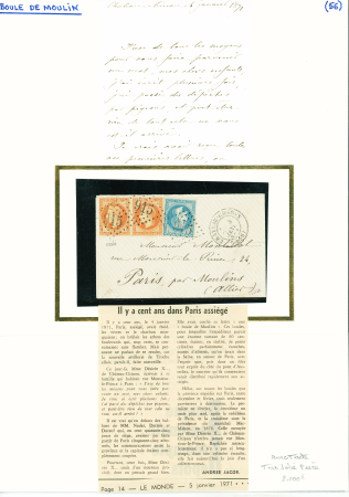 N°29 + 31 en paire OBL GC 915 + T17 Château-Chinon (4 janv 71) sur Boule de Moulins avec correspondance. On joint un article du quotidien Le Monde décrivant cette lettre à l'occasion du centenaire des Boules de Moulins (
