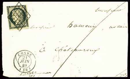 N°3, touché, OBL grille + T15 Cosne (21 juin 49) sur lettre pour Chateauroux, jolies frappes