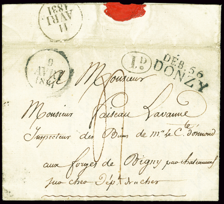 Lettre de Donzy pour Chateauneuf du Cher avec au recto MP "Deb 56 Donzy" apposée par erreur à la place de la MP "56 Donzy" (1831). Rare et TB