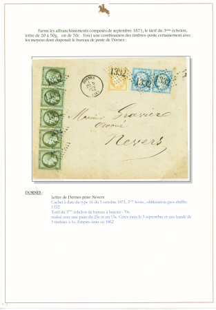 N°19, bande de 5 + n°59 + n°60 en paire OBL GC 1332 + T16 "Dornes (56)" (5 oct 71) sur lettre du 3ème échelon, bel AFF dit "de septembre 1871". TB