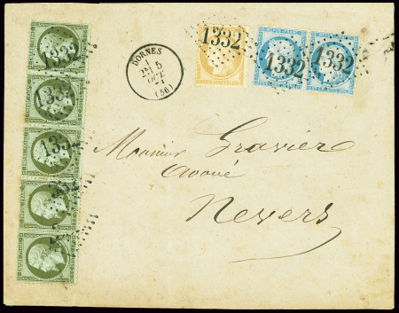 N°19, bande de 5 + n°59 + n°60 en paire OBL GC 1332 + T16 "Dornes (56)" (5 oct 71) sur lettre du 3ème échelon, bel AFF dit "de septembre 1871". TB