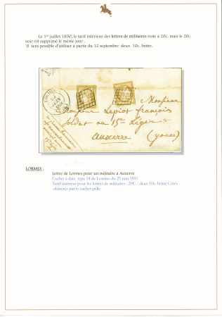 N°1, 10c bistre jaune, 2 pièces (pli d'archive) OBL grille + T14 Lormes (25 juin 1851) sur lettre au tarif militaire à 20c. Rare