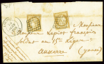 N°1, 10c bistre jaune, 2 pièces (pli d'archive) OBL grille + T14 Lormes (25 juin 1851) sur lettre au tarif militaire à 20c. Rare